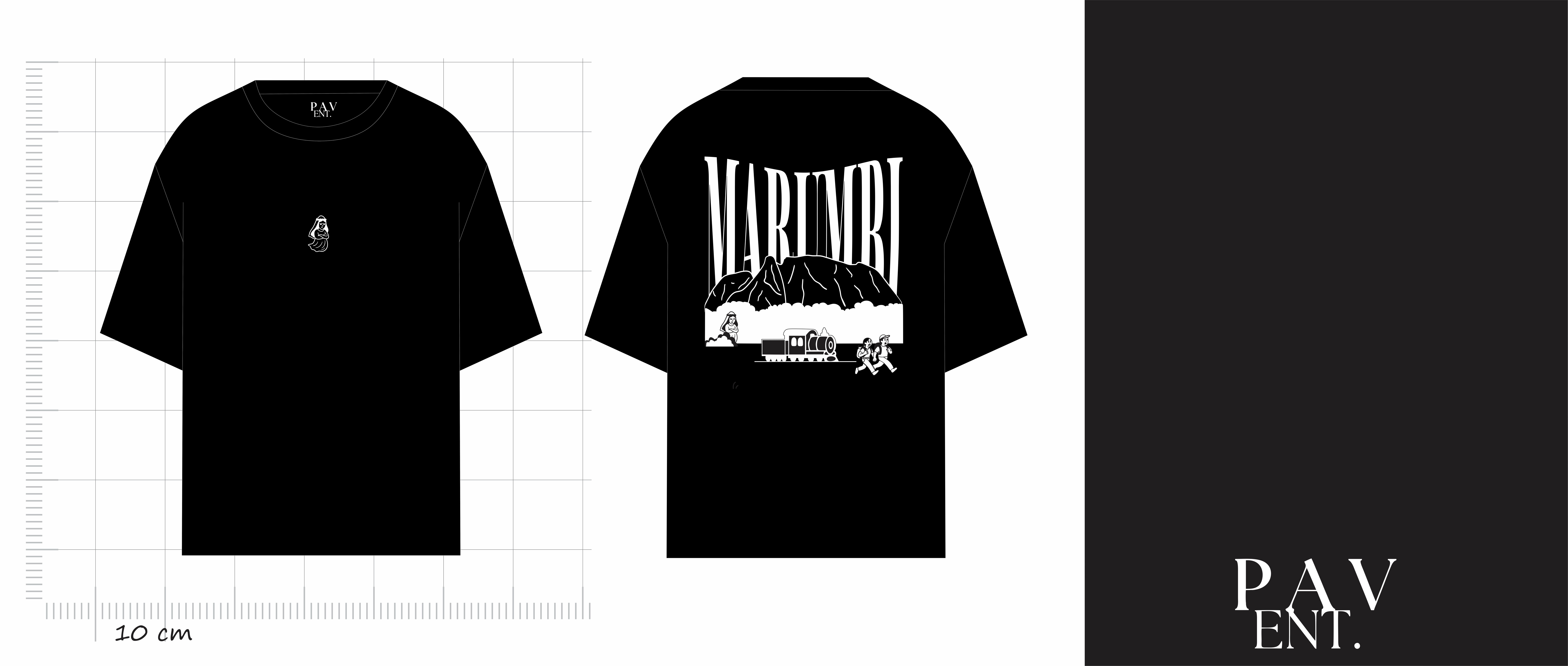 Marumbi — camiseta preta com ilustração nas costas, vista de frente e costas