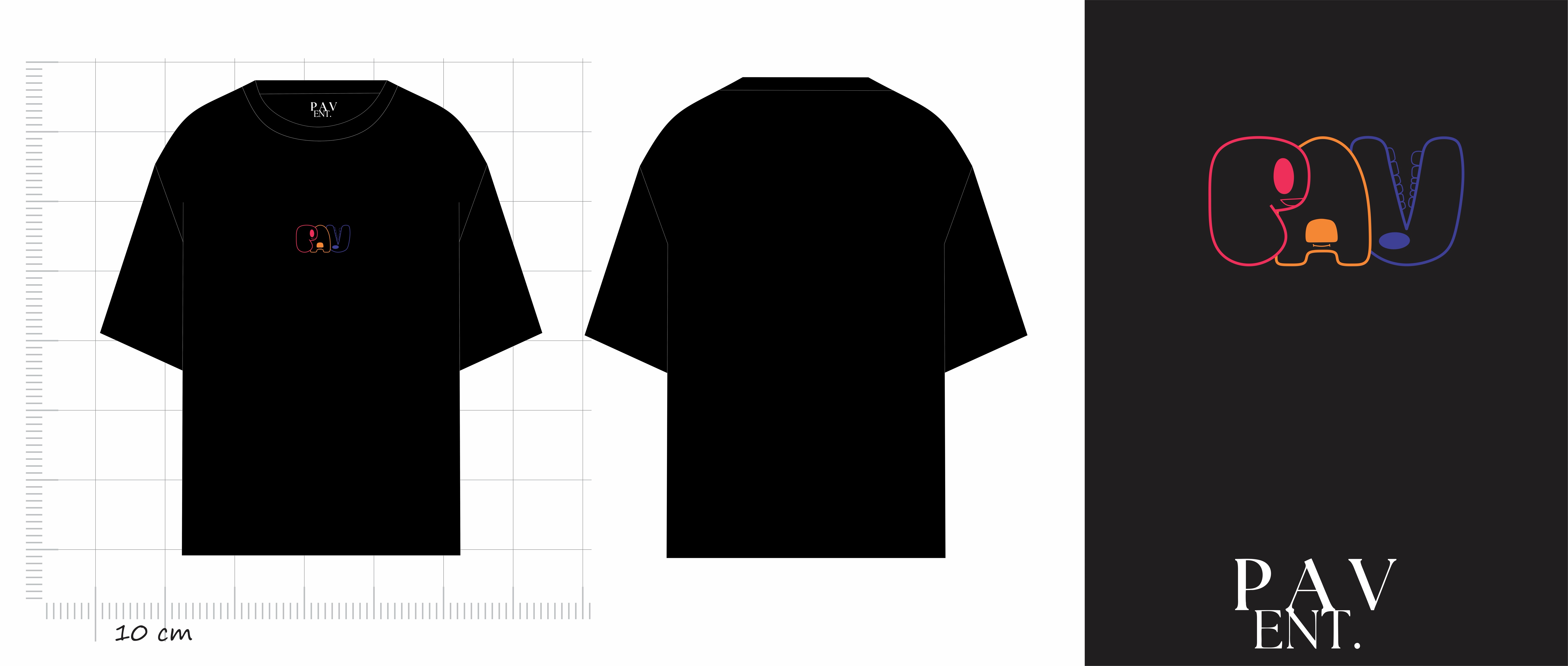 PAV — camiseta preta com lettering colorido, vista de frente e costas
