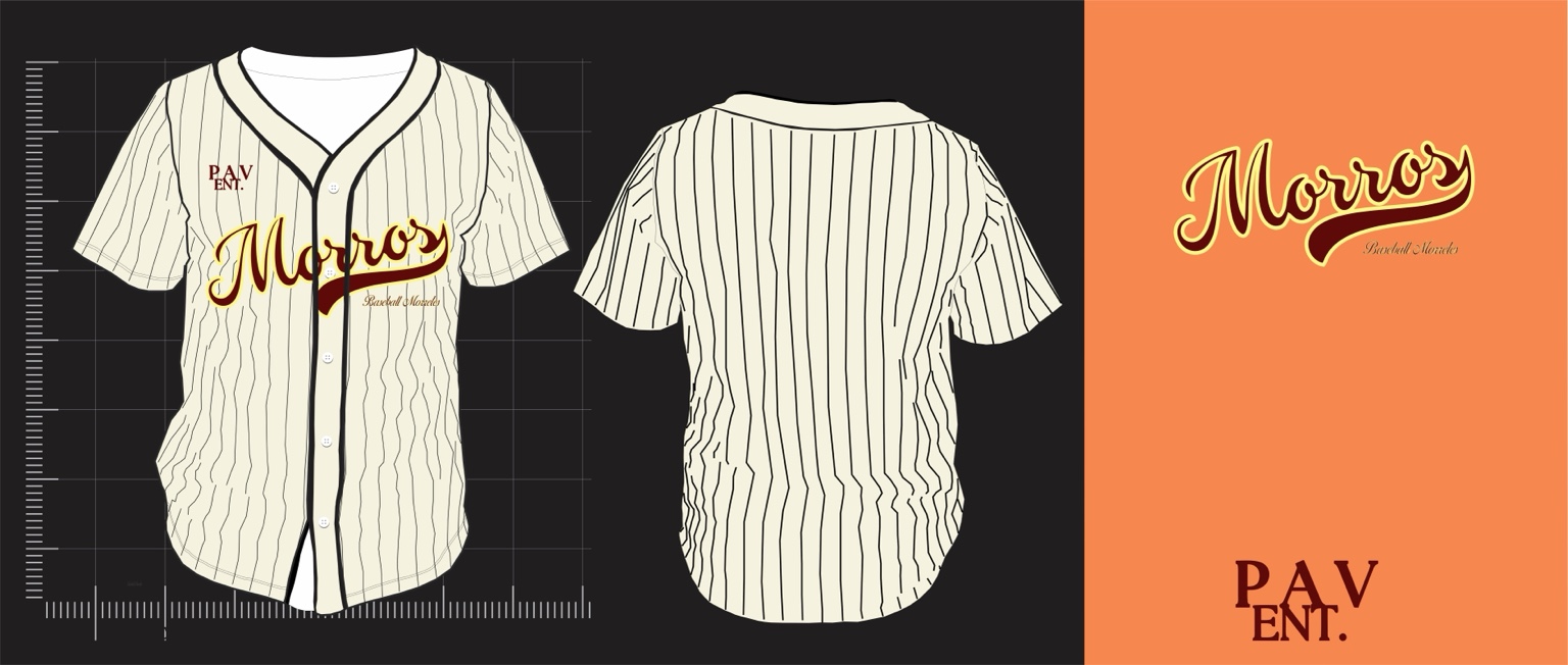 Morros — camisa de beisebol listrada, vista de frente e costas