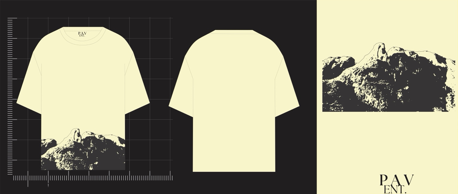 Paisagem — camiseta creme com estampa de montanha, vista de frente e costas